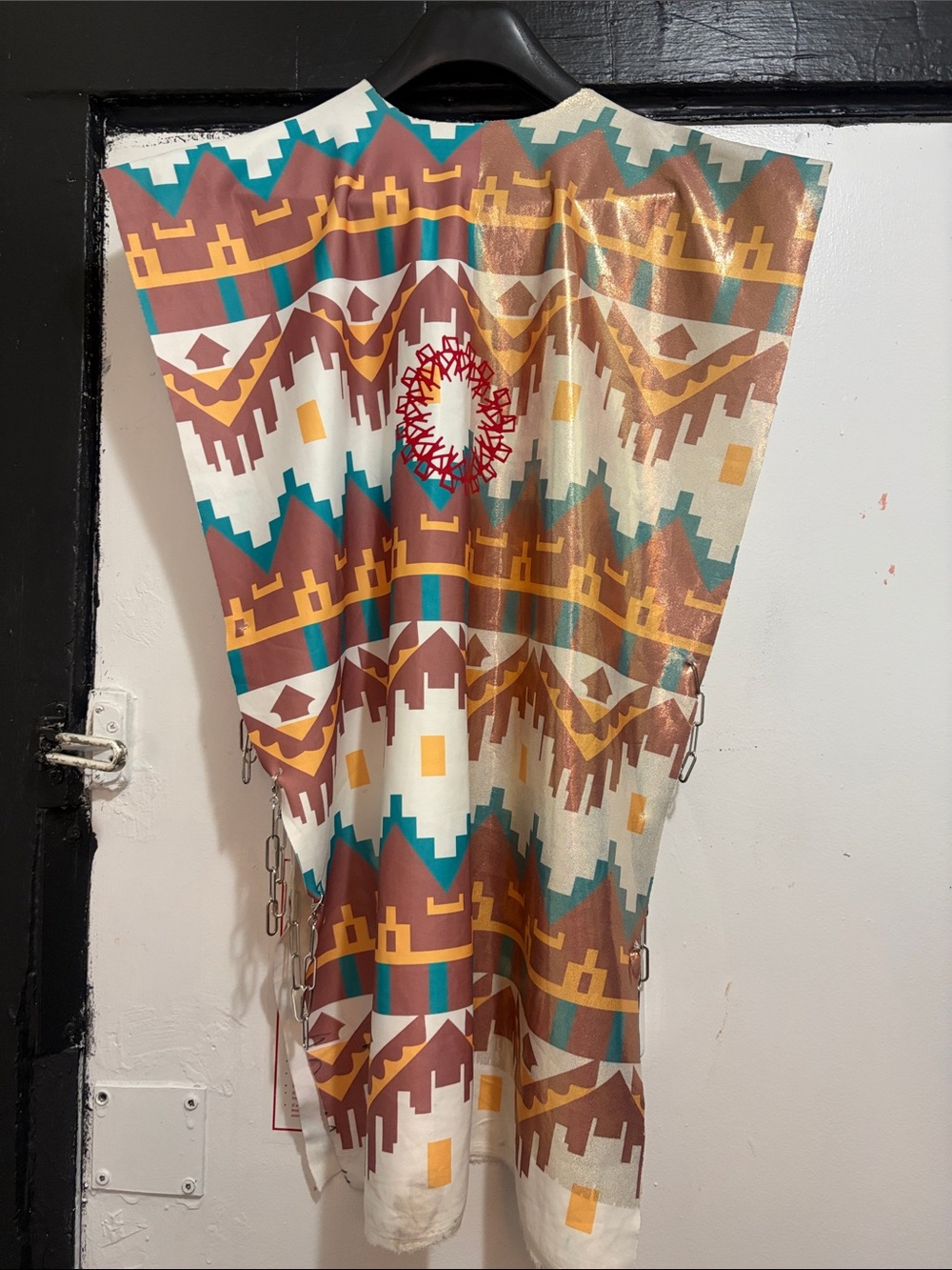 A-Line Geometric poncho top in Teal, Brown & Cream